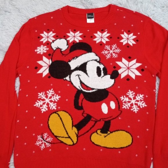 Mickey Mouse Disney Womens Sweater Red L Christmas Holiday Snow Cotton Blend - Picture 2 of 10